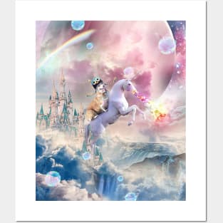 Rainbow Galaxy Corgi Dog Riding Unicorn Posters and Art